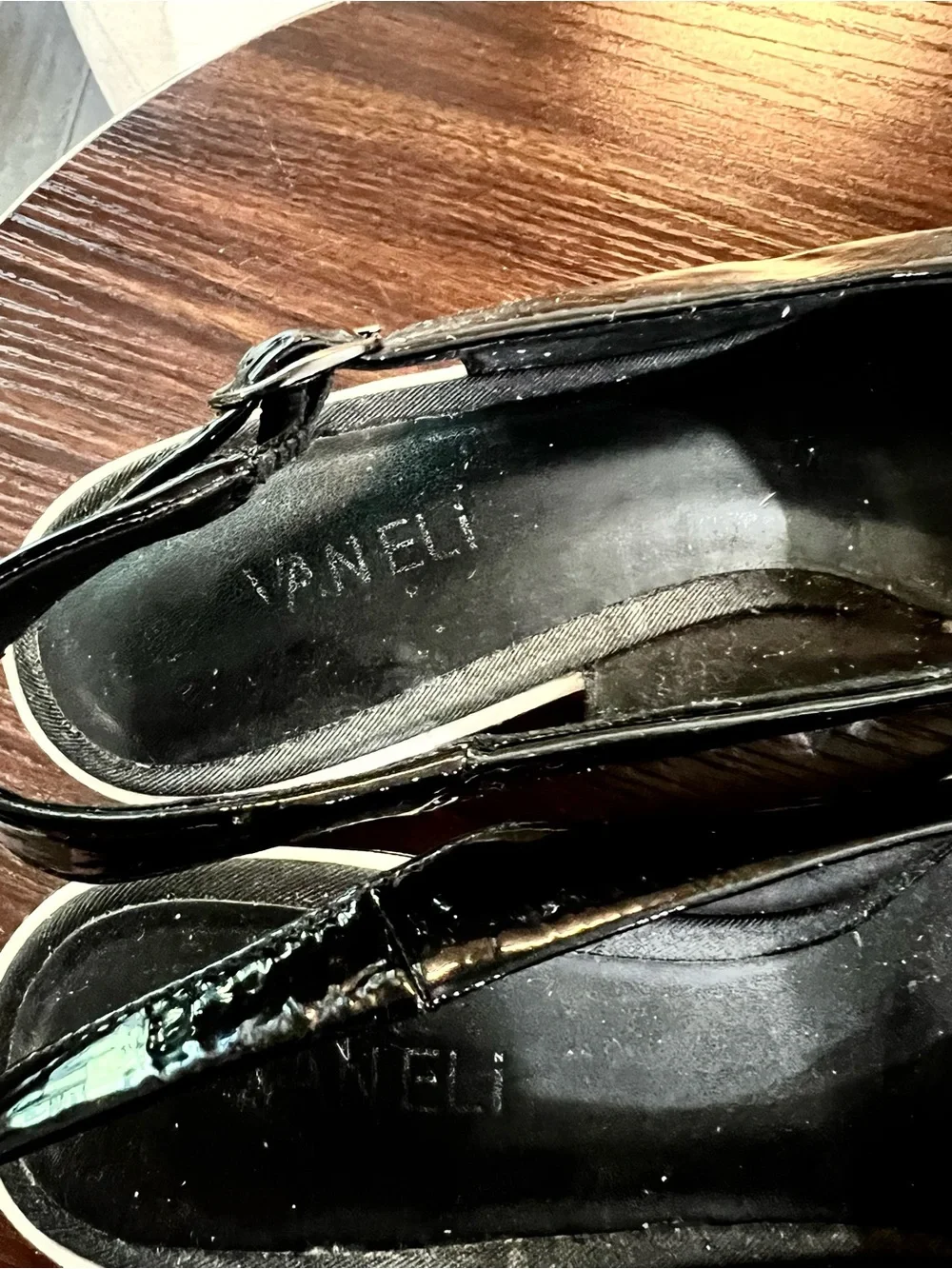 Vaneli Black Patent Peep-Toe Wedge Slingbacks. Size 10